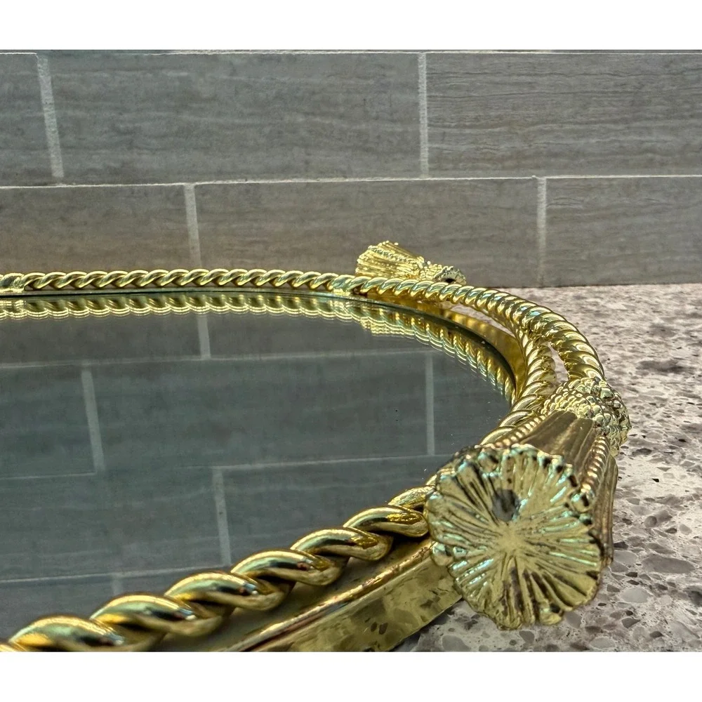 VTG Gold Mirror Vanity Tray Oval Hollywood Regency Tassel Rope Border 13.5 x 9
